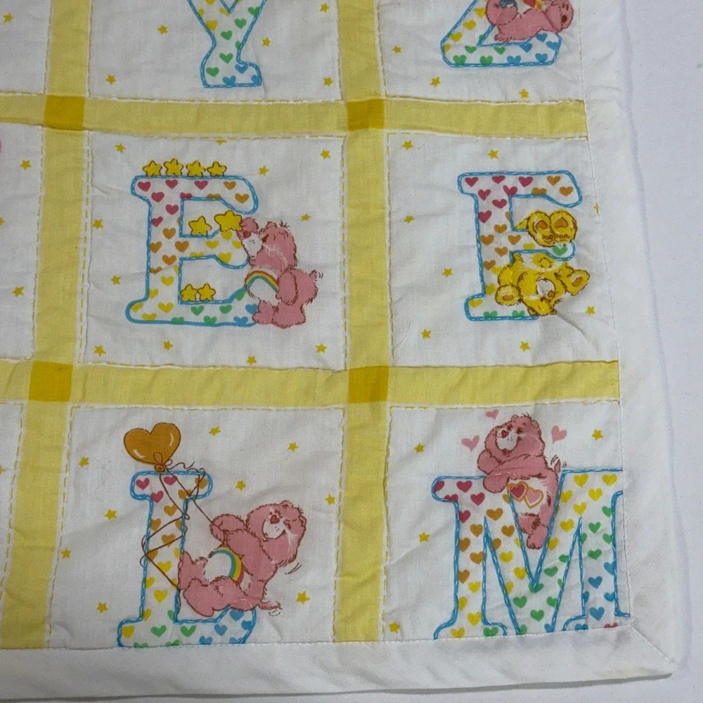 Vintage 80s Care Bears Alphabet Baby Quilt Blanket ABC Nursery Yellow 45x41